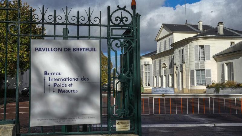 The entrance of the International Bureau of Weights and Measures is pictured in Sevres,...
