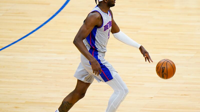 Detroit Pistons' Jerami Grant plays during an NBA basketball game against the Philadelphia...