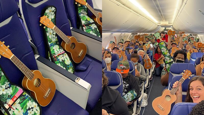 All passengers on the Southwest Airlines plane were given a ukulele and lessons on the flight,...