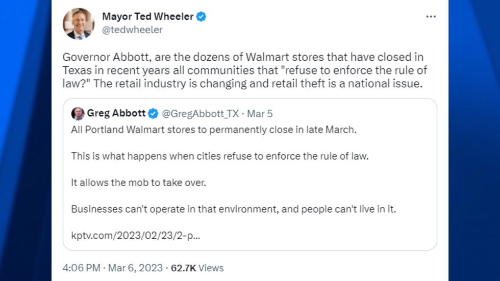 Portland Mayor Ted Wheeler responds to Texas Governor Greg Abbott on Twitter about Walmart's...