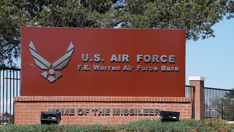 FILE - This May 24, 2108, file photo, shows the entrance to F.E. Warren Air Force Base in...