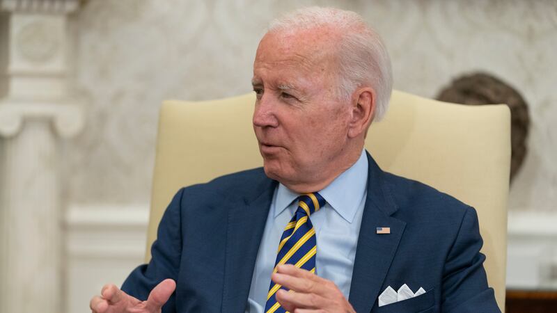 President Joe Biden speaks during a meeting with South African President Cyril Ramaphosa in...