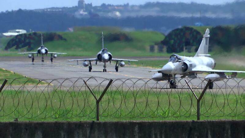 Taiwan Air Force Mirage fighter jets taxi on a runway at an airbase in Hsinchu, Taiwan,...