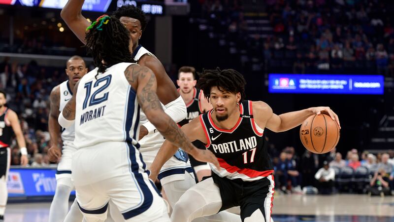 Portland Trail Blazers guard Shaedon Sharpe (17) handles the ball against Memphis Grizzlies...