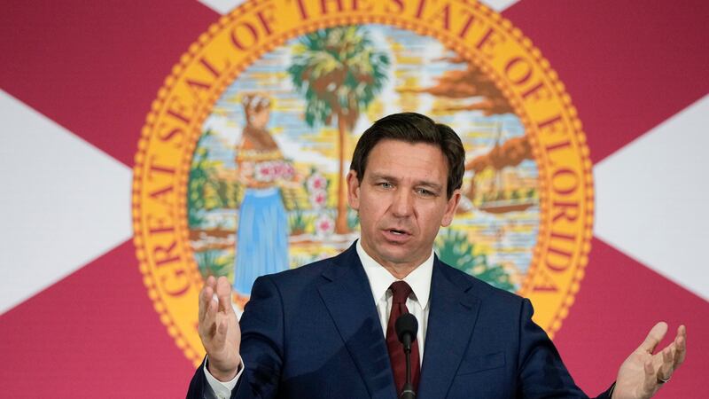 Florida Governor Ron DeSantis at a news conference on May 9, 2023, in Miami. (AP Foto/Rebecca...