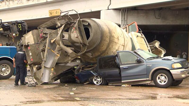 A toddler is dead in Houston after a cement truck went off an overpass and landed on the...