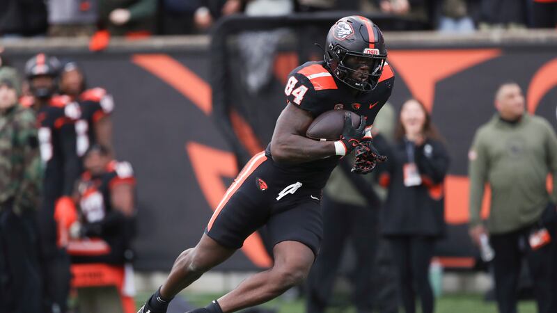 Oregon State tight end Jermaine Terry II rushes to score a touchdown against Stanford during...