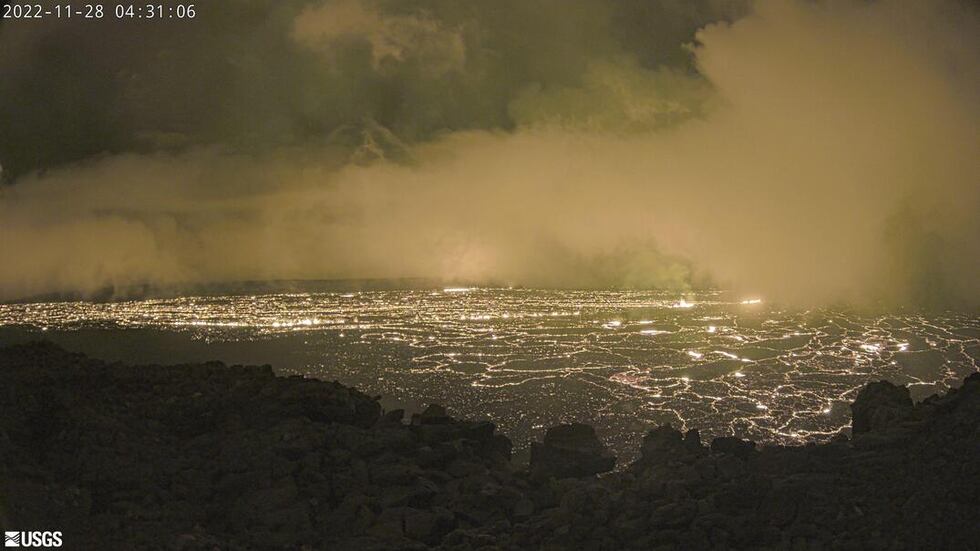 A USGS webcam shows lava in the summit caldera of Mauna Loa.