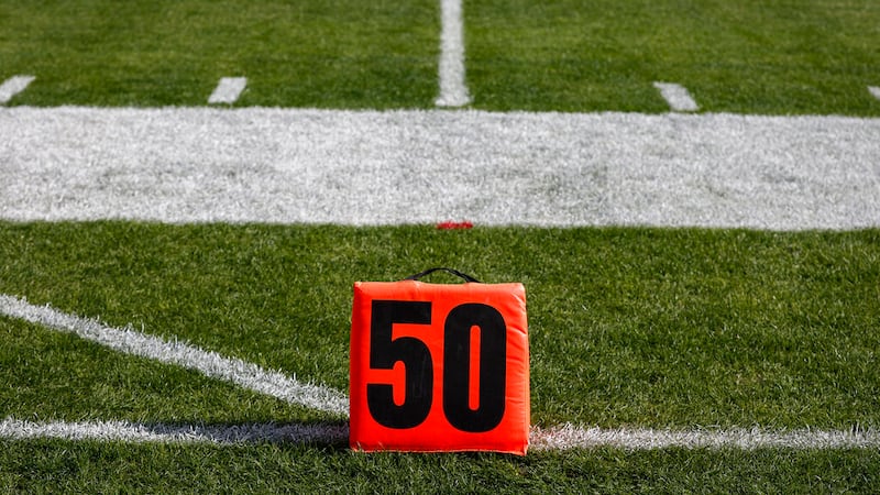 A detail of a the 50-yard line marker prior to the 108th Rose Bowl NCAA college football game...