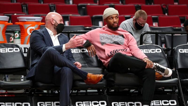 Portland Trail Blazers interim general manager Joe Cronin speaks with Portland Trail Blazers...