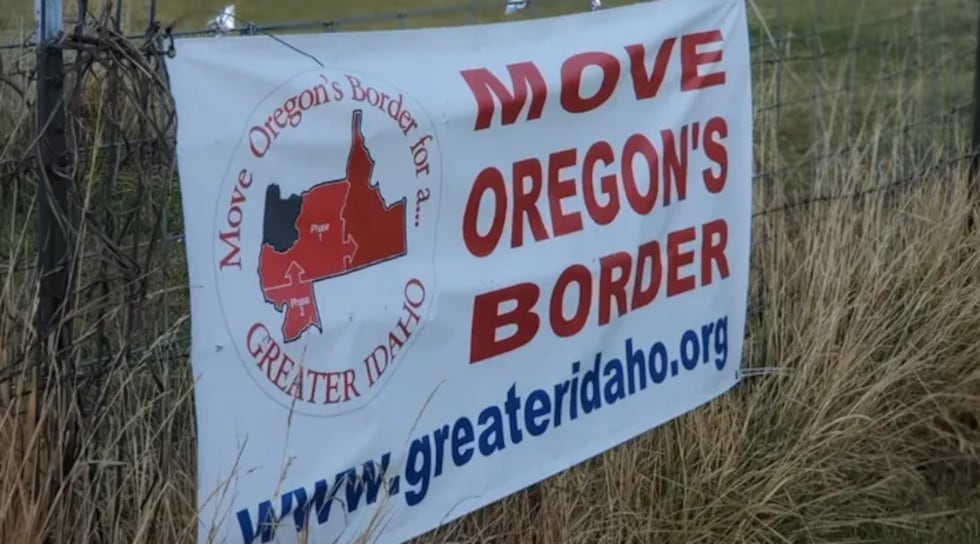 A rural sign advertises the Greater Idaho movement.